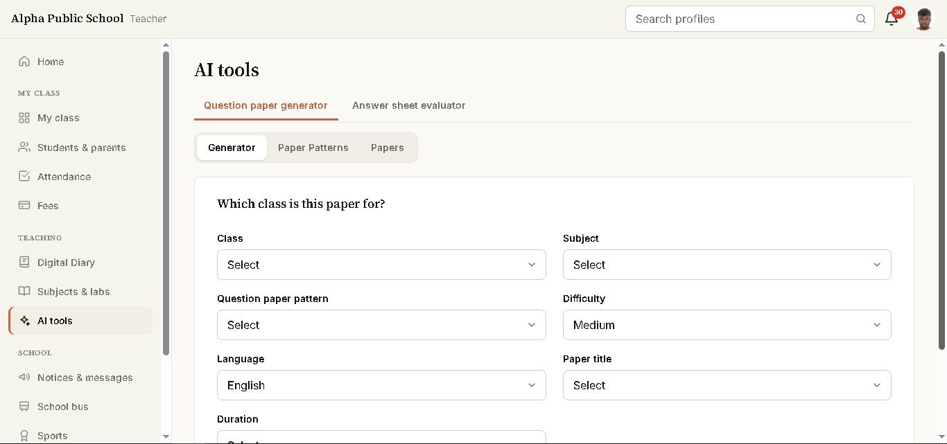 Question paper generator in the navam teacher app